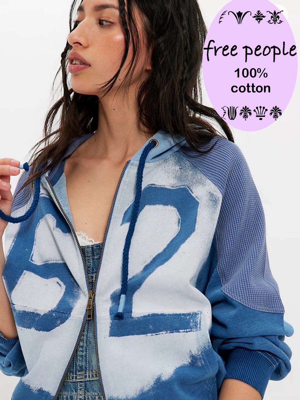 FREE PEOPLE GRAPHIC ZIP UP RETRO GRUNGE STYLE HOODIE BLUE